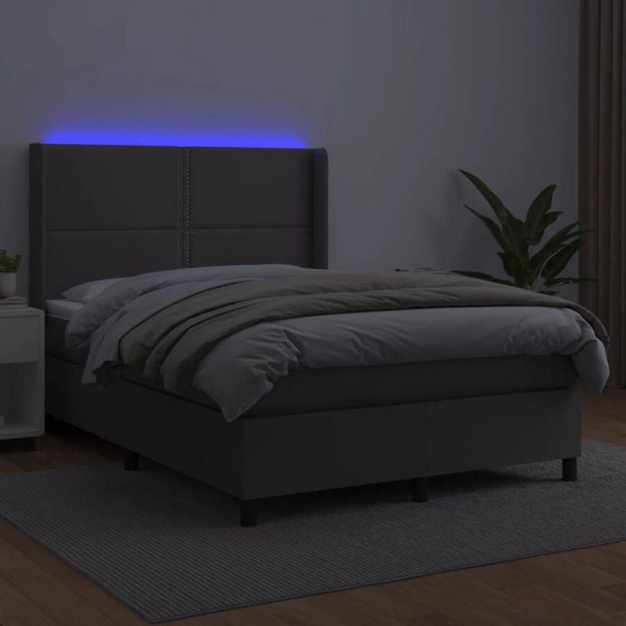 The Living Store Boxspring Bed grijs Kunstleer 140x200 cm LED verlichting - Foto 1