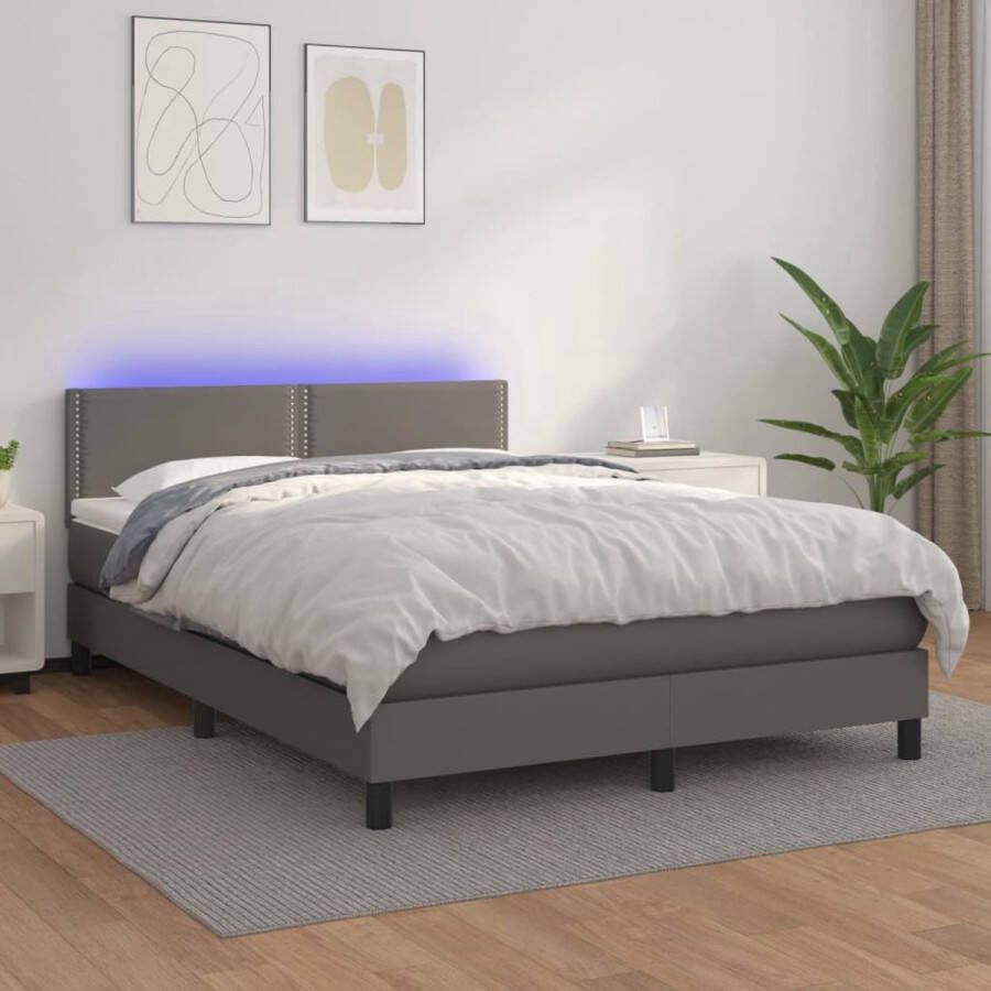 The Living Store Boxspring Bed Grijs Kunstleer 140x200 LED Pocketvering Matras