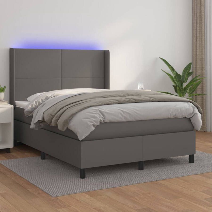 The Living Store Boxspring Bed Grijs Kunstleer 140x200cm LED + Matrassen