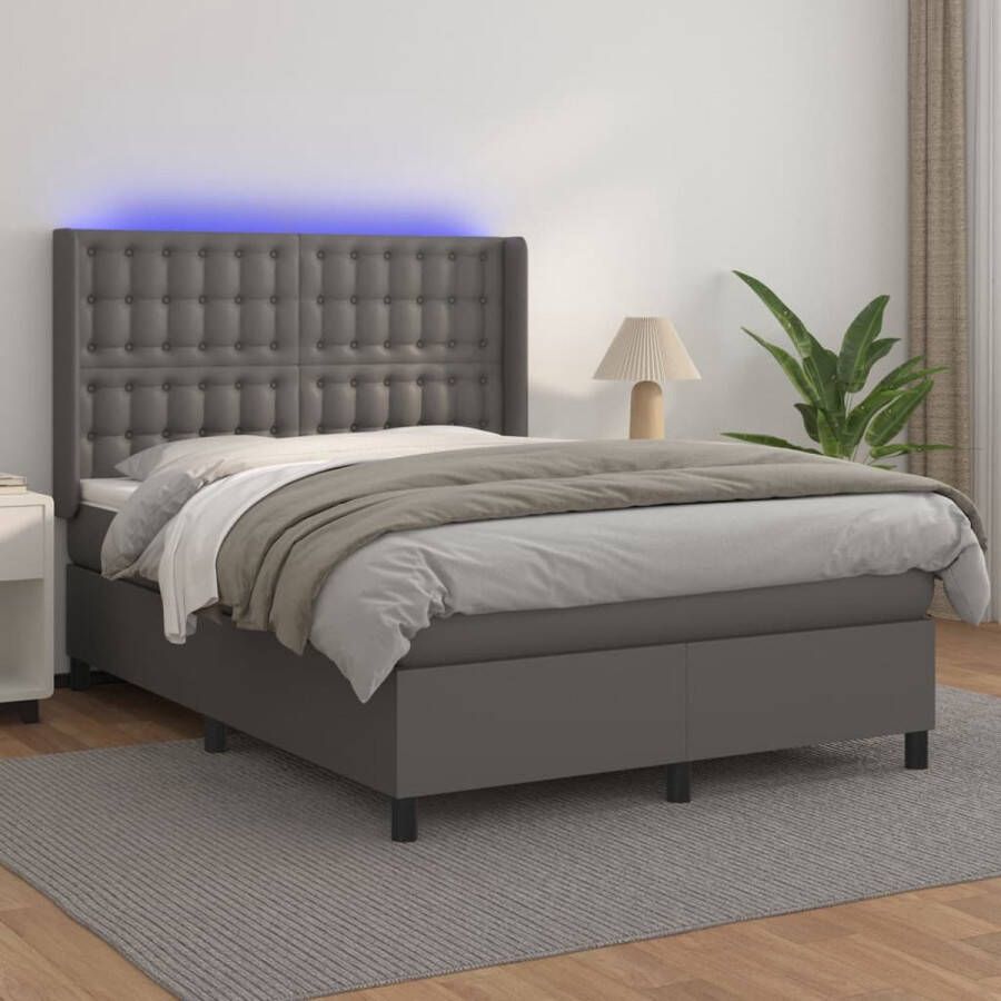 The Living Store Boxspring Bed Grijs Kunstleer 193 x 147 x 118 128 cm Met verstelbaar hoofdbord en kleurrijke LED-verlichting Inclusief pocketvering matras en huidvriendelijk topmatras Inclusief 2 LED-strips