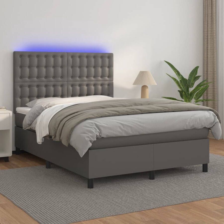 The Living Store Boxspring Bed Grijs Kunstleer 193x144x118 128 cm Verstelbaar hoofdbord LED-verlichting Pocketvering matras Huidvriendelijk topmatras Inclusief montagehandleiding