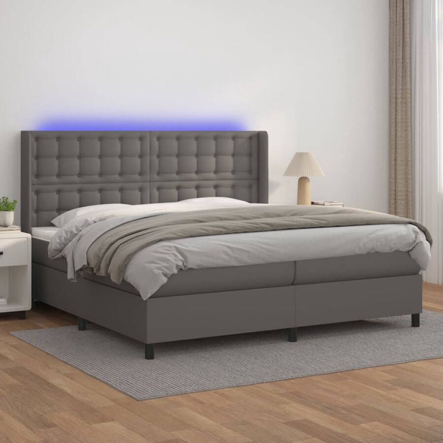 The Living Store Boxspring Bed Grijs Kunstleer 203 x 203 x 118 128 cm LED Verlichting