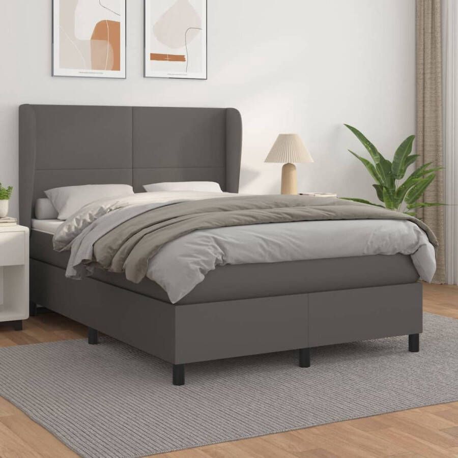 The Living Store Boxspring Bed Grijs Kunstleren Bedframe 140x200 cm Pocketvering Matras Huidvriendelijk Topmatras