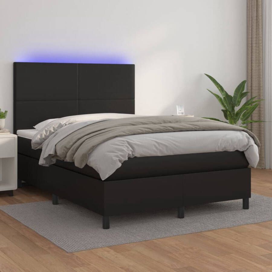The Living Store Boxspring met matras en LED kunstleer zwart 140x200 cm Boxspring Bed Led Bed Kunstleder Bed Tweepersoons Bed Groot Bed