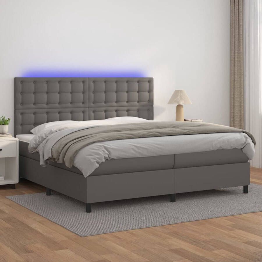 The Living Store Boxspring Bed Kunstleer 203 x 200 x 118 128 cm Grijs Pocketvering Matras LED-verlichting Boxspring Bed Lederlook Bed Led Bed Tweepersoonsbed Groot Bed - Foto 2