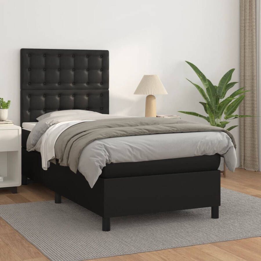 The Living Store boxspring bed Kunstleer 203 x 90 x 118 128 cm Pocketvering matras Middelharde ondersteuning Huidvriendelijk topmatras Boxspring Bed Slaapcomfort Boxspring Frame Leder Look Tweepersoons Bed