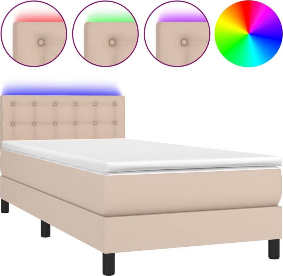 The Living Store Boxspring Bed Kunstleer LED Pocketvering matras Huidvriendelijk topmatras 203x90x78 88 cm Cappuccino