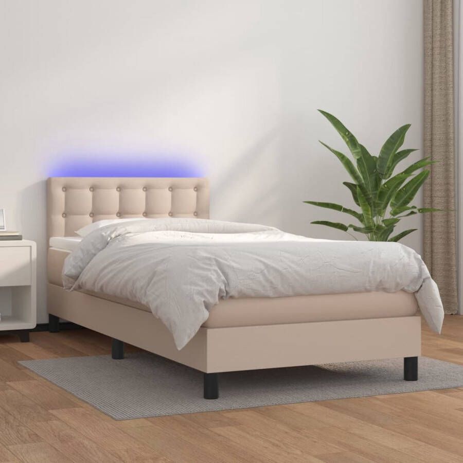 The Living Store Boxspring Bed Kunstleer LED Pocketvering matras Huidvriendelijk topmatras 203x90x78 88 cm Cappuccino