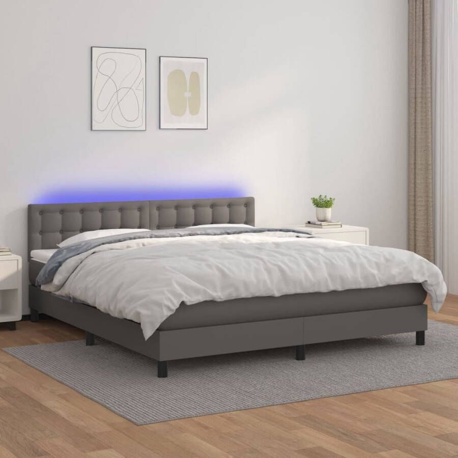 The Living Store Boxspring Bed Kunstleer LED Pocketvering Topmatras Grijs 160 x 200 cm