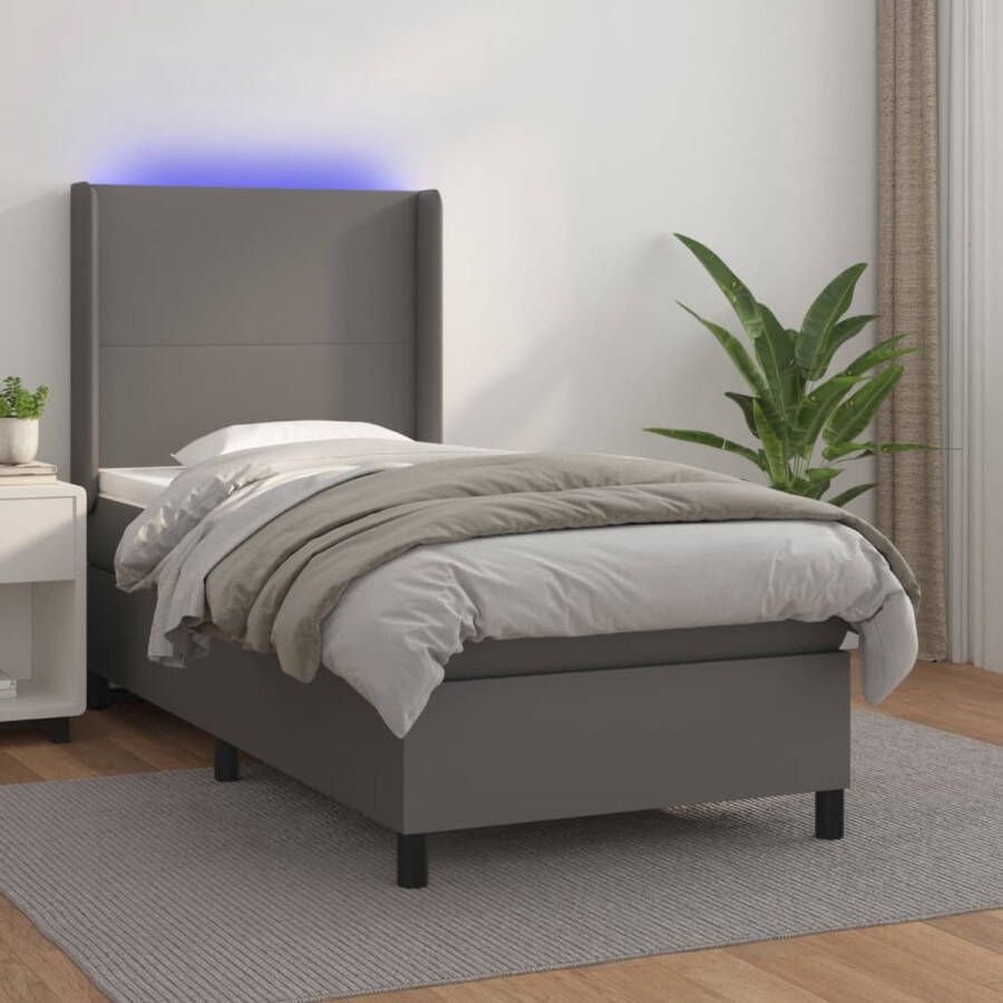 The Living Store Boxspring Bed Kunstleer LED Pocketvering Topmatras Grijs