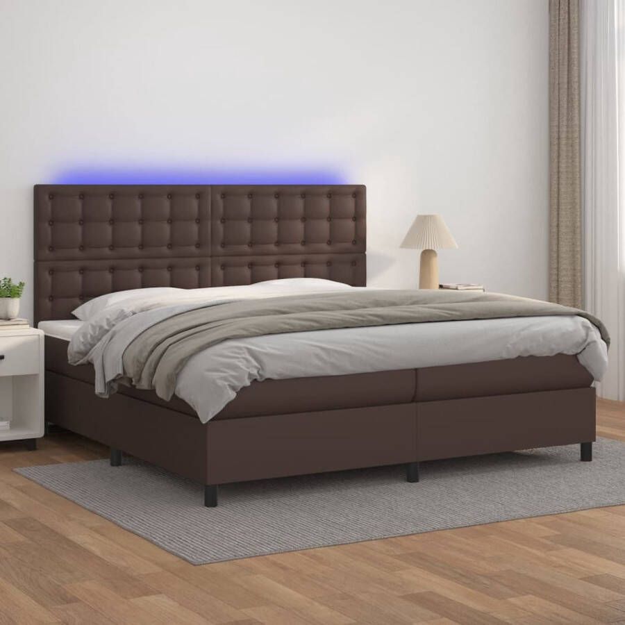 The Living Store Boxspring Bed Kunstleer Pocketvering LED Bruin 203x200x118 128 cm