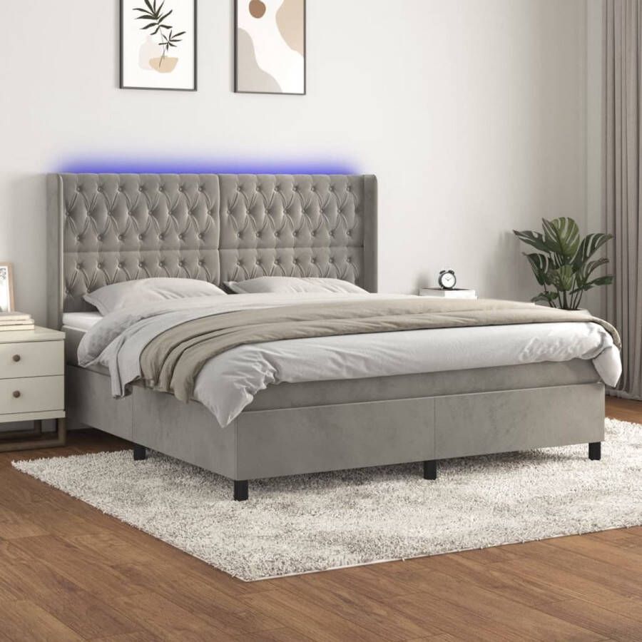The Living Store Boxspring Bed LED 180x200 fluweel huidvriendelijk pocketvering wit lichtgrijs