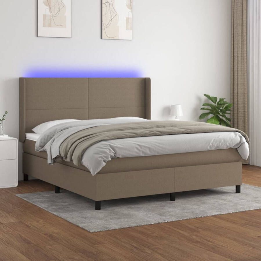 The Living Store Boxspring Bed LED 203 x 163 x 118 128 cm taupe stof pocketvering matras huidvriendelijk topmatras