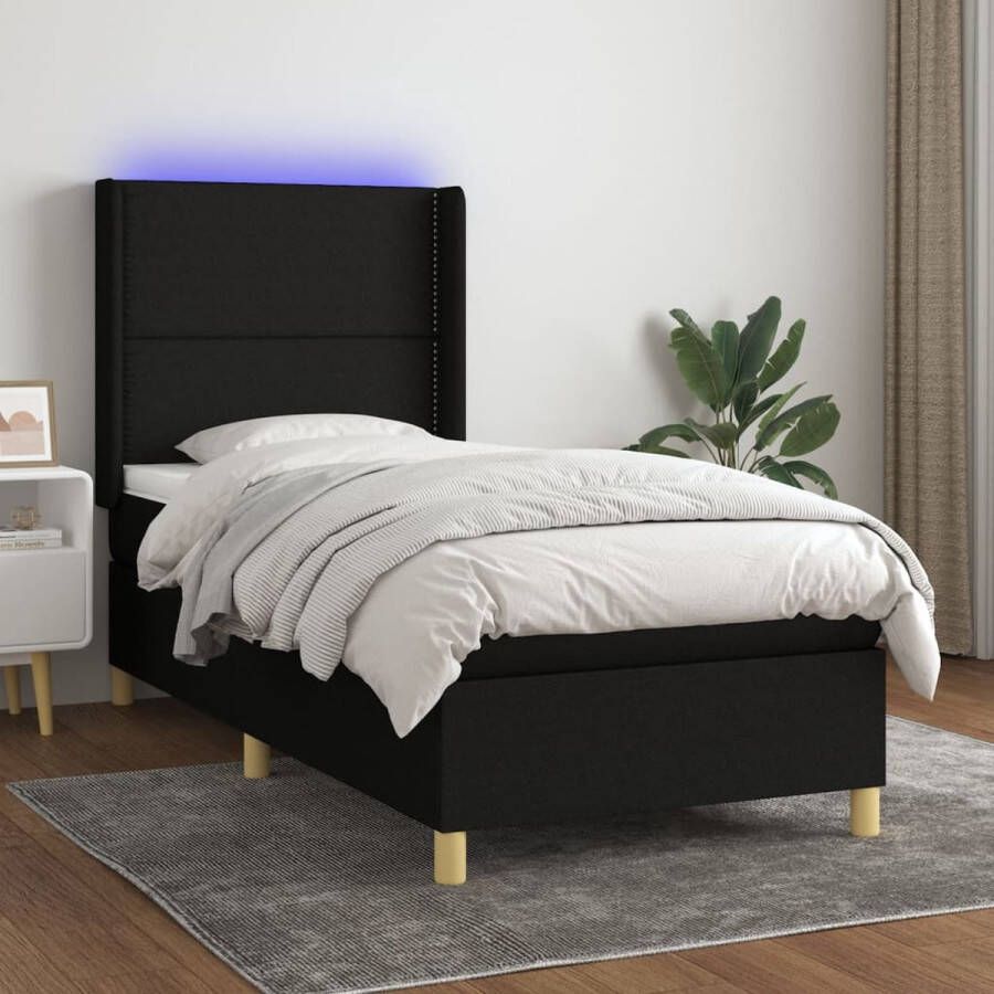 The Living Store Boxspring Bed LED Duurzaam Verstelbaar Pocketvering Huidvriendelijk Zwart 193x93x118 128 cm Incl matras en topmatras IP65 1 stuk
