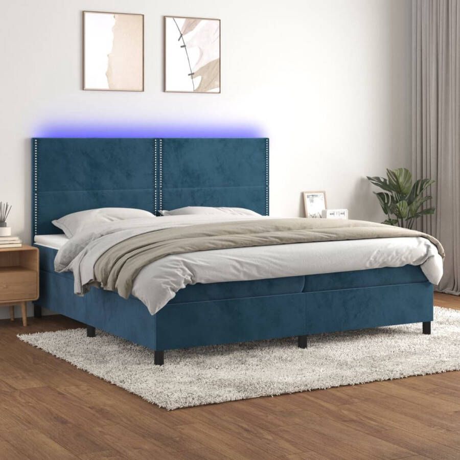 The Living Store Boxspring Bed LED Fluweel Pocketvering Huidvriendelijk topmatras 203x200x118 128 cm Donkerblauw Boxspring Bed Led Bed Fluweel Bed Pocketed Spring Mattress Slaapcomfort