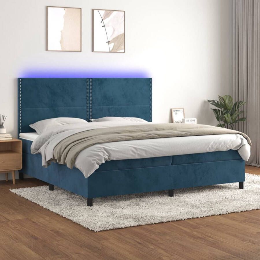 The Living Store Boxspring Bed LED Fluweel Pocketvering Huidvriendelijk topmatras 203x200x118 128 cm Donkerblauw