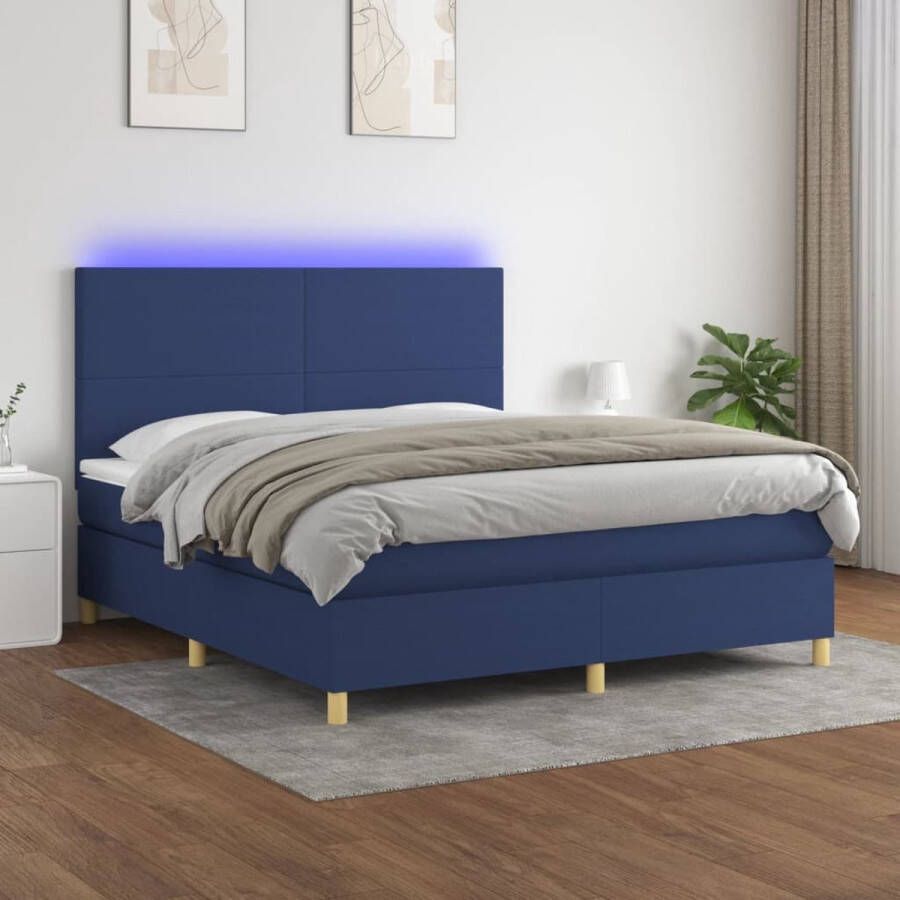 The Living Store Boxspring met matras en LED stof blauw 180x200 cm Boxspring Bed Led Bed Pocketveer Matras Blauwe Boxspring Slaapcomfort