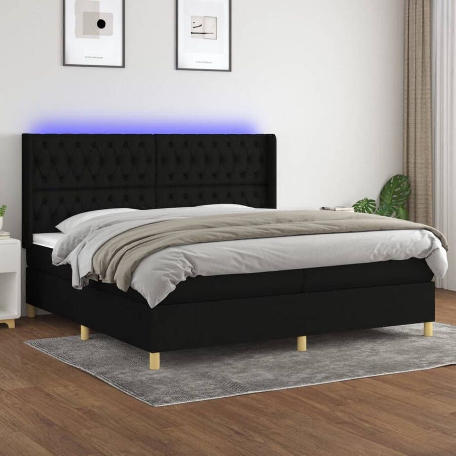 The Living Store Boxspring Bed LED Pocketvering Huidvriendelijk 203x203x128 cm Zwart Boxspring Bed Led Bed Pocketed Spring Mattress Hoofdboard Tweepersoonsbed