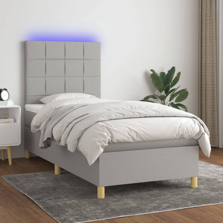 The Living Store Boxspring Bed LED Verlichting Pocketvering Matras Huidvriendelijk Lichtgrijs 203x90x118 128 cm