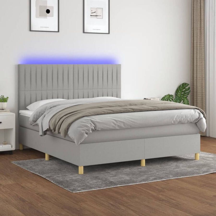 The Living Store Boxspring Bed LED-verlichting Pocketvering matras Huidvriendelijk topmatras Lichtgrijs 203 x 180 x 118 128 cm Boxspring Bed Led Lamp Pocketed Spring Mattress Comfortabele Bed Grijs Bed