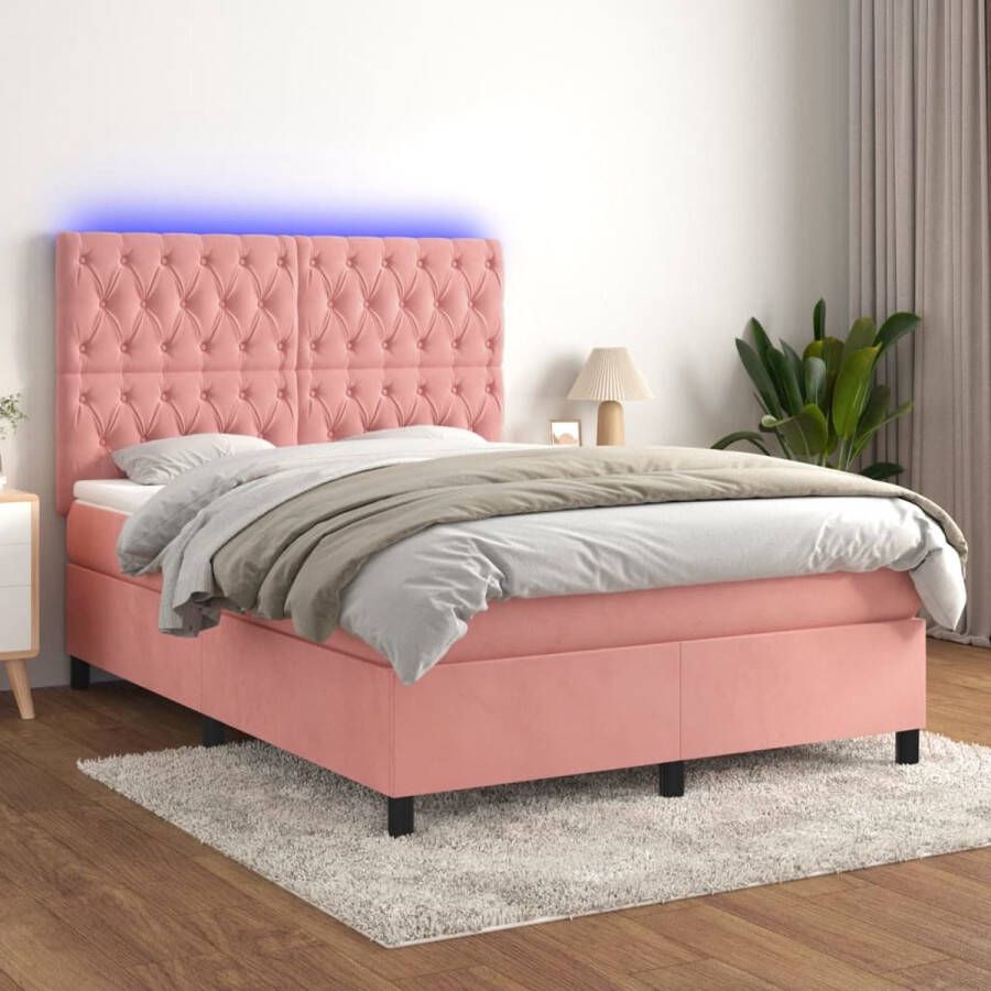 The Living Store Boxspring Bed LED Zacht fluweel Verstelbaar hoofdbord Pocketvering matras Huidvriendelijk topmatras Kleurrijke LED-verlichting 193x144x118 128cm Roze