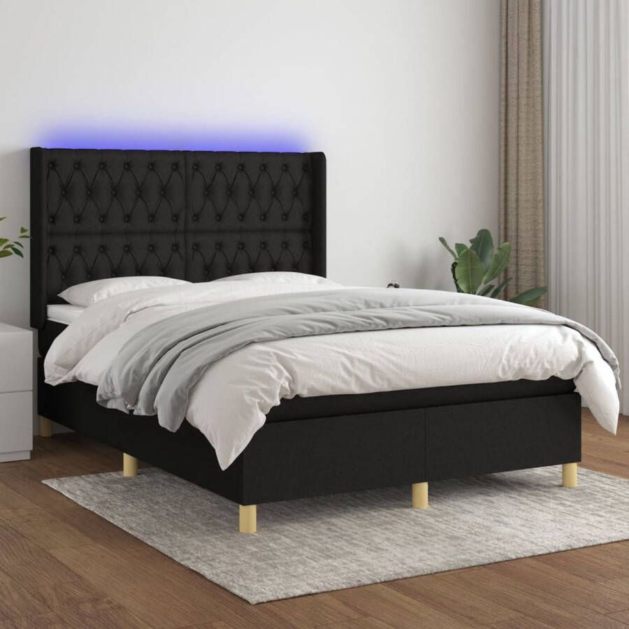 The Living Store Boxspring Bed LED Zwart 140 x 190 x 20 cm Pocketvering Huidvriendelijk
