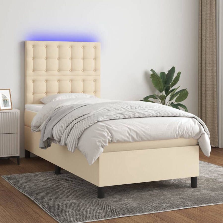 The Living Store Boxspring met matras en LED stof crèmekleurig 100x200 cm Boxspring Bed Frame Led Lamp Creme Kleurig Slaapcomfort