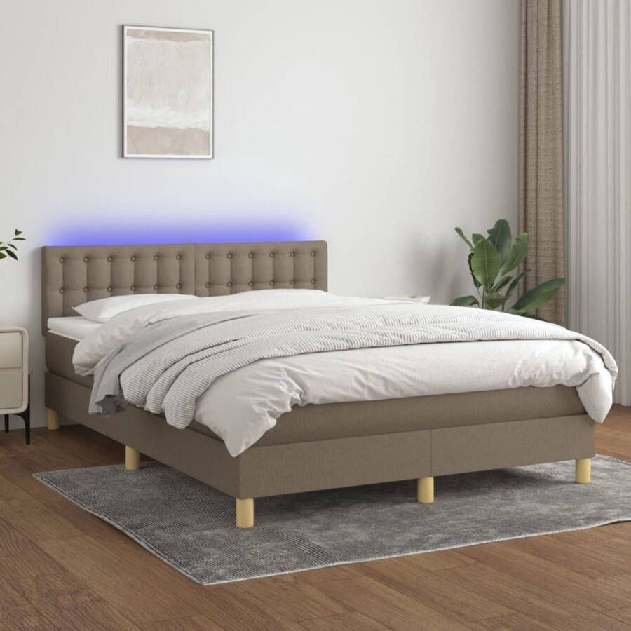 The Living Store Boxspring Bed Pocketvering Matras LED Verlichting 140 x 190 cm Taupe