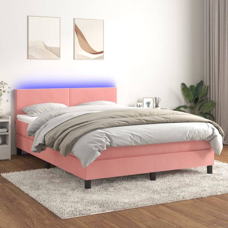 The Living Store Boxspring Bed Roze Fluweel 193 x 144 x 78 88 cm LED Pocketvering matras Huidvriendelijk topmatras