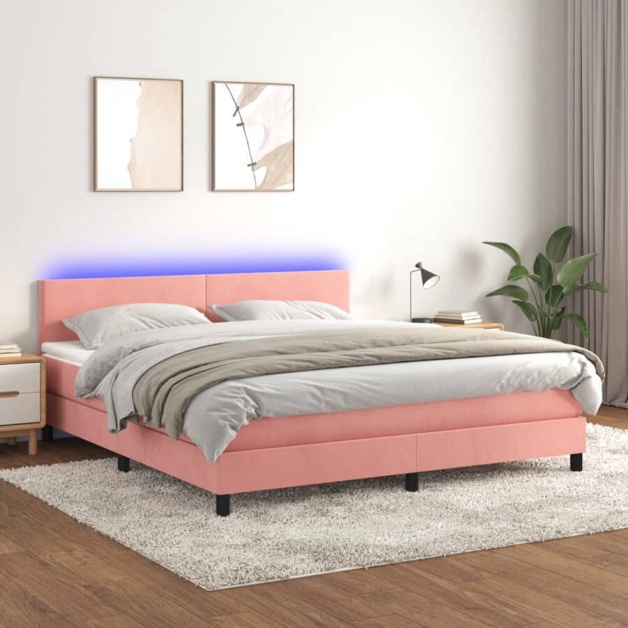 The Living Store Boxspring Bed Roze Fluweel 203 x 180 x 78 88 cm LED-verlichting Pocketvering Matras Huidvriendelijk Topmatras