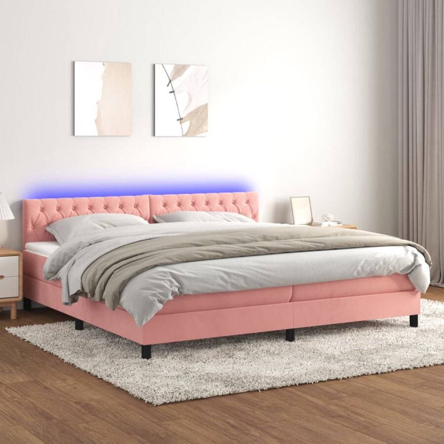 The Living Store Boxspring Bed Roze Fluweel 203 x 200 x 78 88 cm Pocketvering Matras Huidvriendelijk topmatras Met Kleurrijke LED