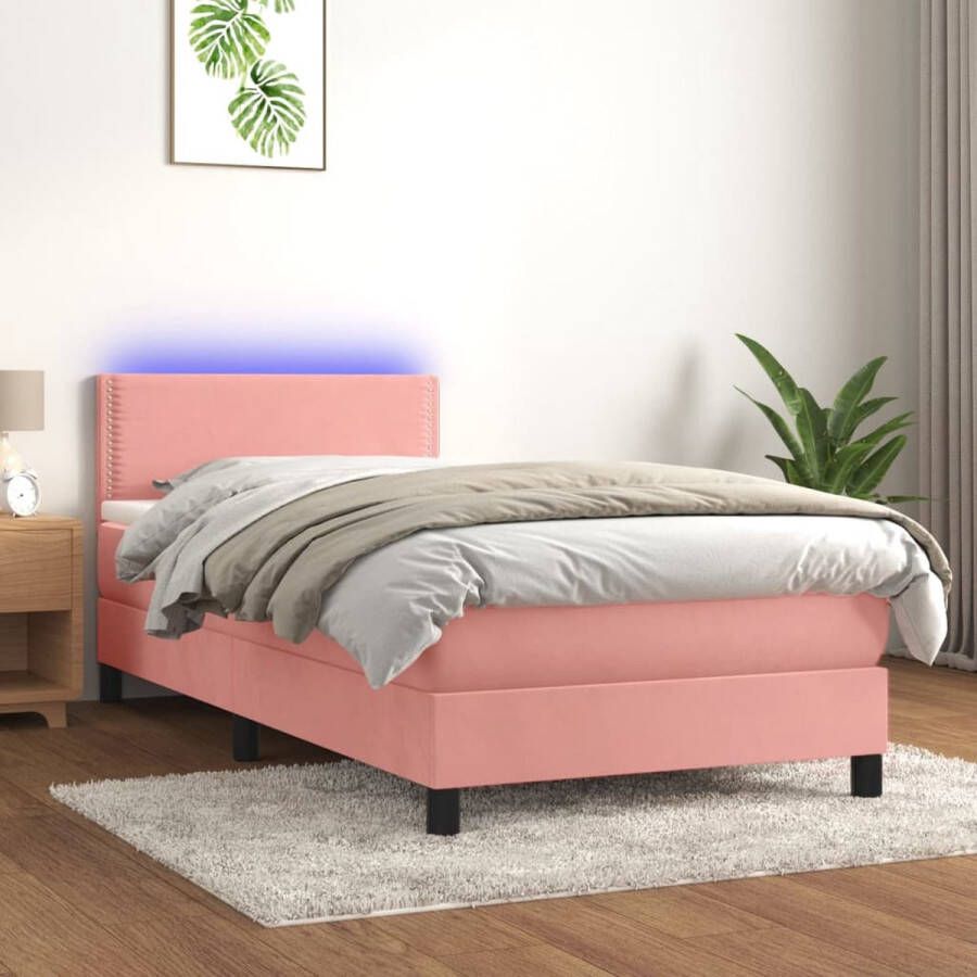 The Living Store Boxspring Bed Roze fluweel 203 x 90 x 78 88 cm Verstelbaar hoofdbord Pocketvering matras Huidvriendelijk topmatras Kleurrijke LED-verlichting