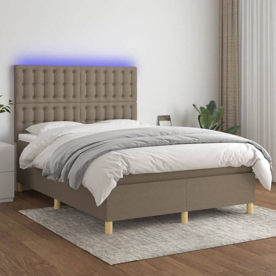 The Living Store Boxspring Bed Taupe 193 x 144 x 118 128 cm LED Pocketvering matras Huidvriendelijk topmatras Inclusief montagemateriaal USB-aansluiting