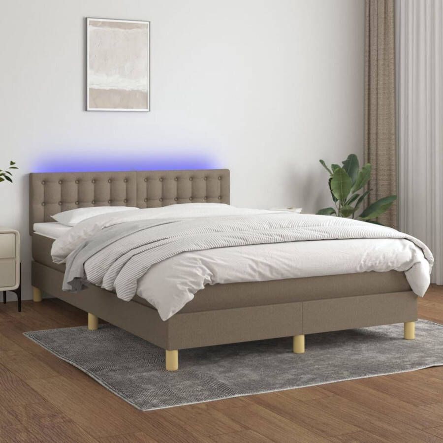VidaXL Boxspring met LED en matras Taupe 140x190 cm Boxspring Bed Led Verlichting Pocketvering Matras Taupe Slaapcomfort