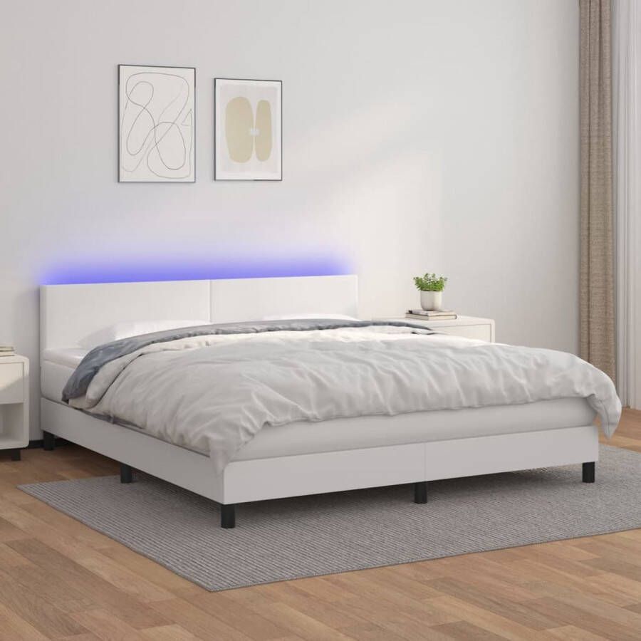 The Living Store Boxspring Bed Wit 203 x 160 x 78 88 cm Hoogwaardig kunstleer met verstelbaar hoofdbord LED-verlichting Pocketvering matras Huidvriendelijk topmatras
