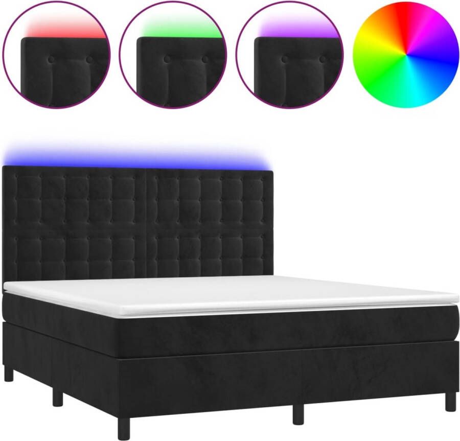 The Living Store Boxspring Bed Zwart Fluweel 203 x 180 x 118 128 cm Verstelbaar hoofdbord Kleurrijke LED-verlichting Inclusief pocketvering matras en huidvriendelijk topmatras
