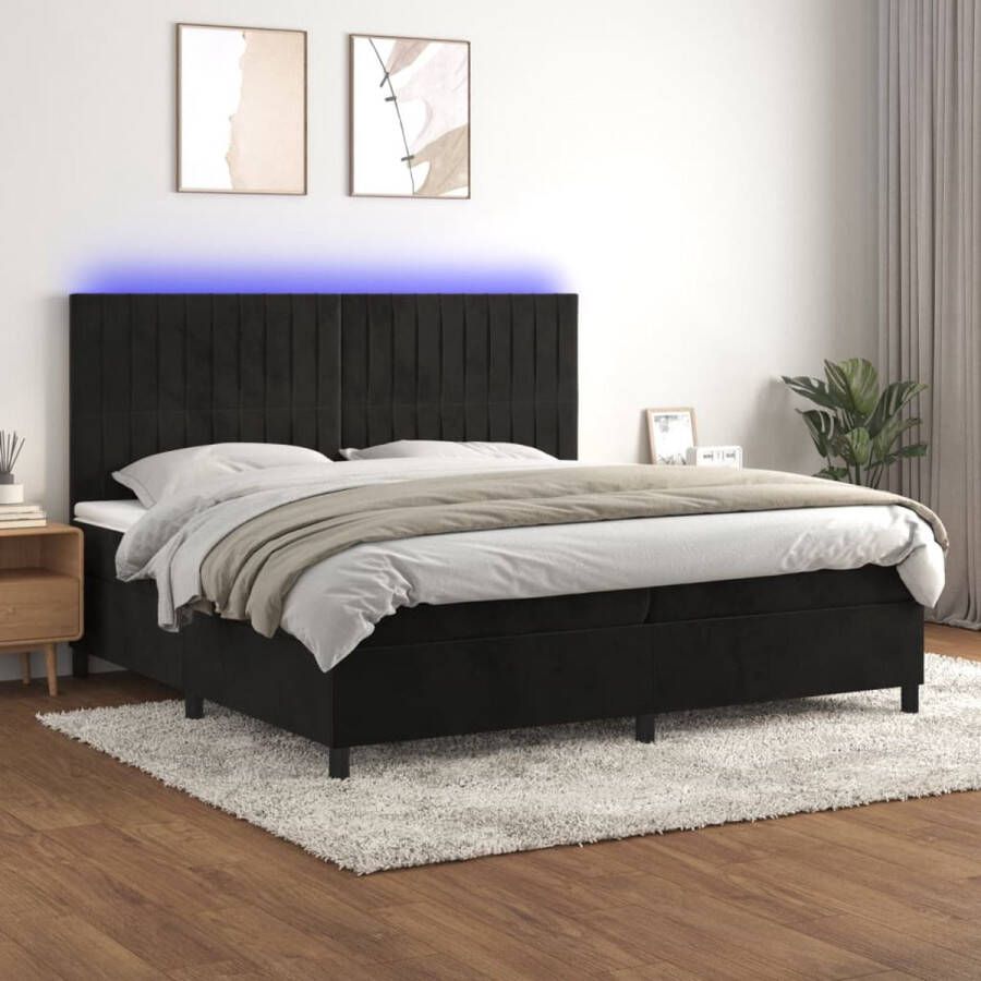 The Living Store Boxspring Beds Zwart fluwelen bed met LED-verlichting 203 x 200 x 118 128 cm Pocketvering matras en huidvriendelijk topmatras