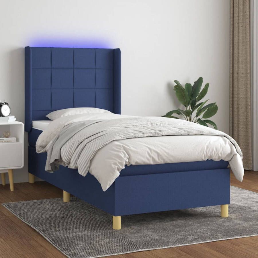 The Living Store Boxspring Blauw 193 x 93 x 118 128 cm LED Pocketvering en Schuim Bedframe Hoofdbord Matras Topmatras LED-strip