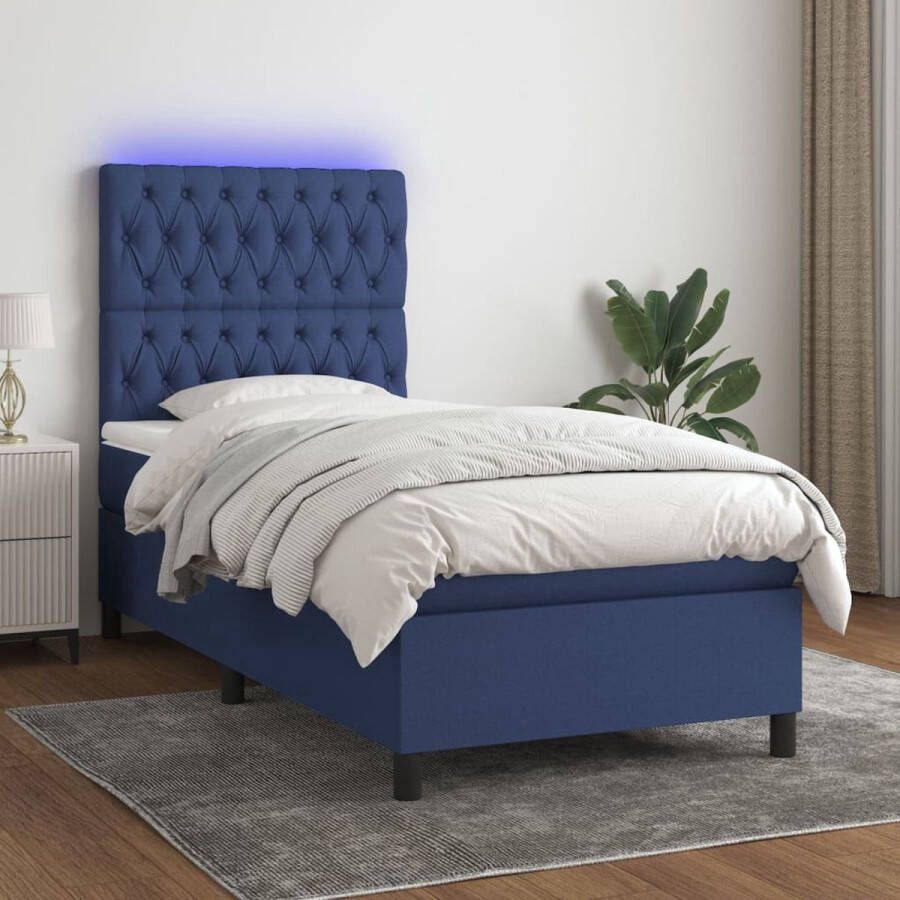 The Living Store Boxspring Blauw 203 x 80 x 118 128 cm Met LED en pocketvering matras Boxspring Led Bed Boxspring Met Led Blauwwaterbed Tweepersoonsbed