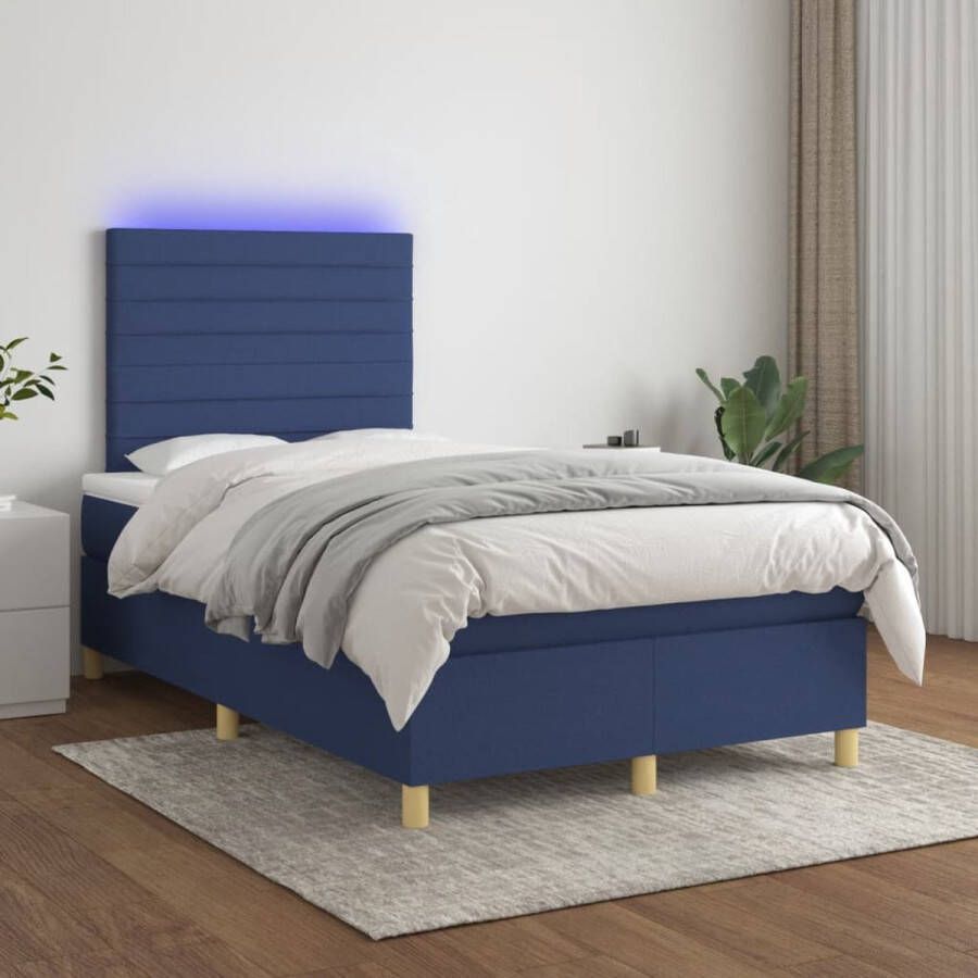 The Living Store Boxspring Blauw 203x120x118 128 cm Met verstelbaar hoofdbord LED-verlichting en pocketvering matras