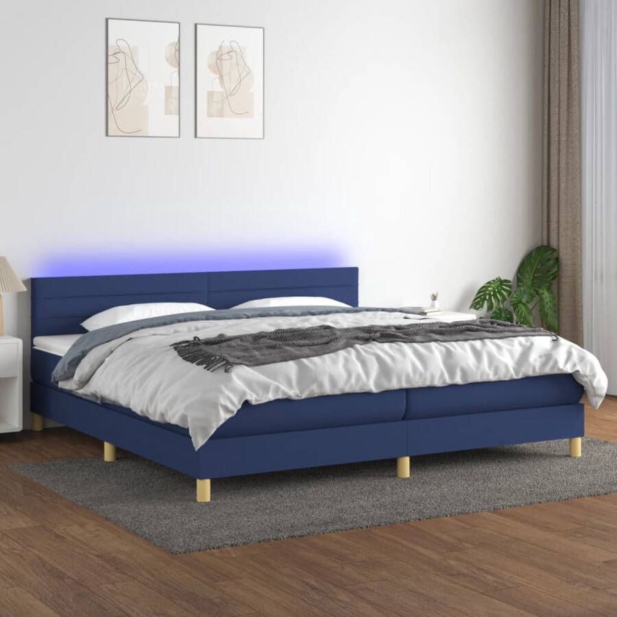 The Living Store Boxspring Blauw Bed 200x203 cm LED Pocketvering matras Huidvriendelijk topmatras