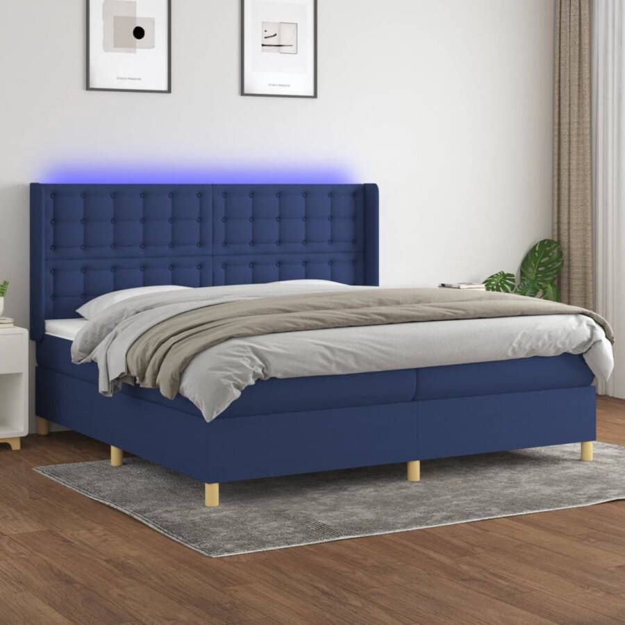 The Living Store Boxspring Blauw Bed 203 x 203 x 118 128 cm Met LED-verlichting en Pocketvering Matras - Foto 1