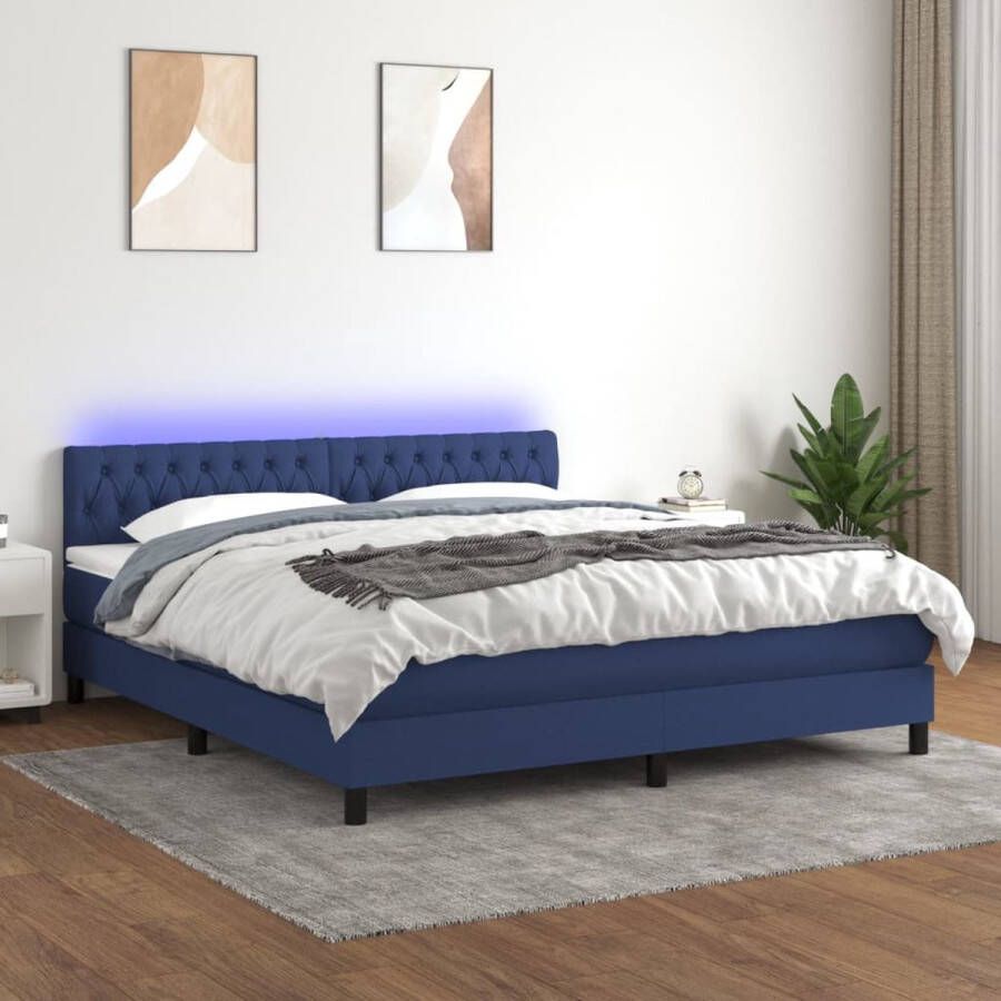 The Living Store Boxspring Blauw Bedframe met verstelbaar hoofdbord 203 x 160 x 78 88 cm LED-verlichting Pocketvering matras Huidvriendelijk topmatras Complete set