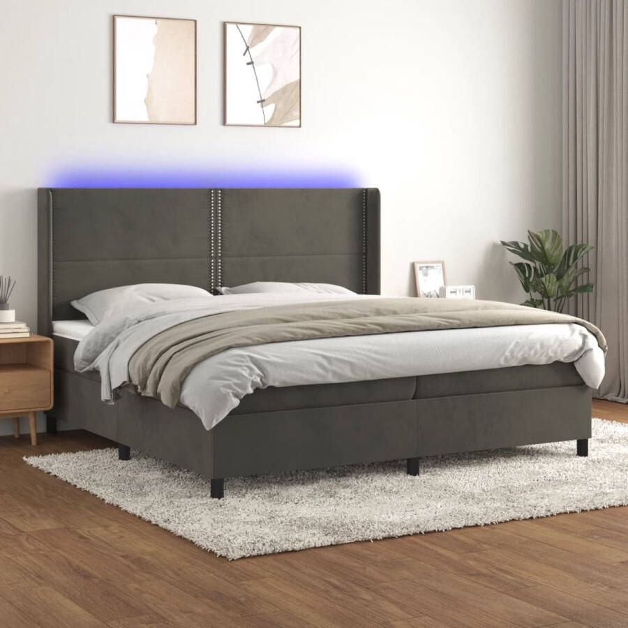 The Living Store Boxspring Comfortabele LED-bedset 203x203 cm Donkergrijs fluweel Boxspring Led Bed Velvet Bed Tweepersoonsbed Donkere Kleuren