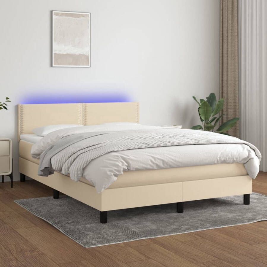 The Living Store Boxspring Crème 193 x 144 x 78 88 cm Inclusief matras LED en verstelbaar hoofdbord Boxspring Creme Kleurtje Led Lampjes Elektrisch Verstelbare Hoofdbord Pocketed Veren Matras