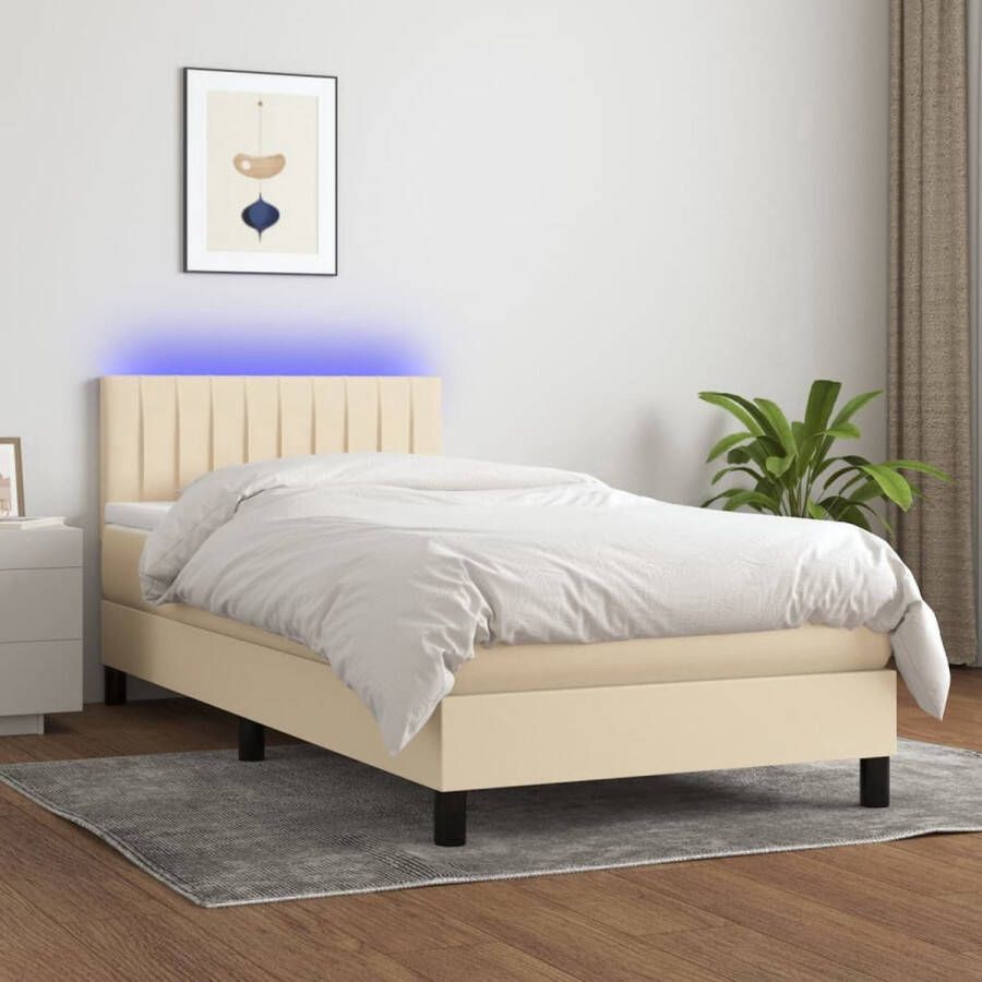 The Living Store Boxspring crème 193 x 90 x 78 88 cm LED-verlichting Pocketvering Huidvriendelijk matras Boxspring Led Bed Creme Bed Tweepersoonsbed Pocketveer Matras