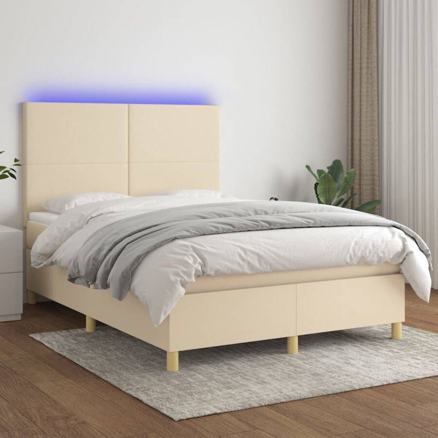 The Living Store Boxspring Crème 203 x 144 x 118 128 cm Hoogte verstelbaar hoofdbord LED-verlichting Pocketvering matras Huidvriendelijk topmatras Inclusief montagehandleiding USB-aansluiting