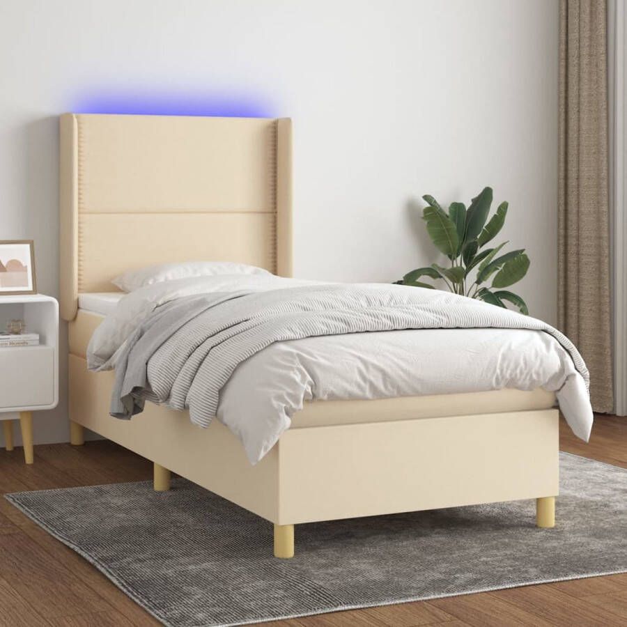 The Living Store Boxspring Crème 203 x 93 x 118 128 cm Hoogte verstelbaar hoofdbord LED-verlichting Pocketvering matras Huidvriendelijk topmatras Montagehandleiding