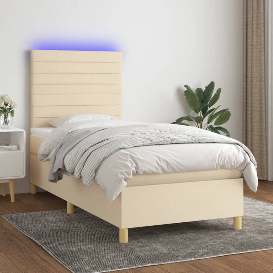 The Living Store Boxspring met matras en LED stof crèmekleurig 90x190 cm Boxspring Led Lamp Creme Kleurtje Tweepersoons Bed Stapelbare Beddengoed