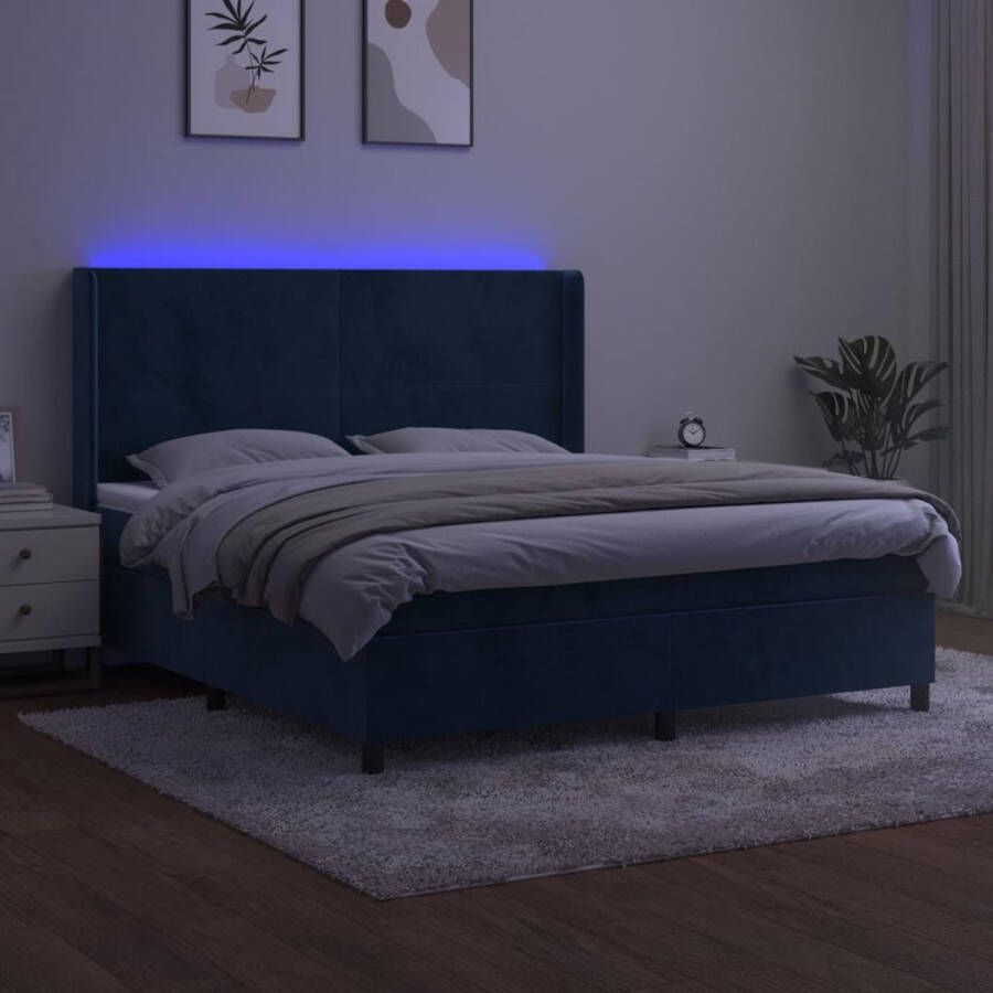 The Living Store Boxspring Dark Blue Velvet 180x200 cm LED Lights